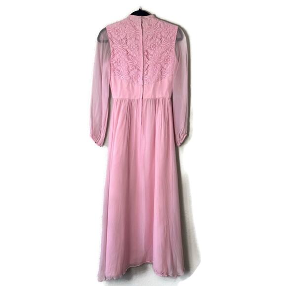 Vintage 70s Pink Lace & Chiffon Mock Neck Bishop Sleeves Maxi Dress Size Small - Picture 2 of 9